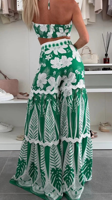 Tropical Green Lace-up Crop Top & Long Pant Set