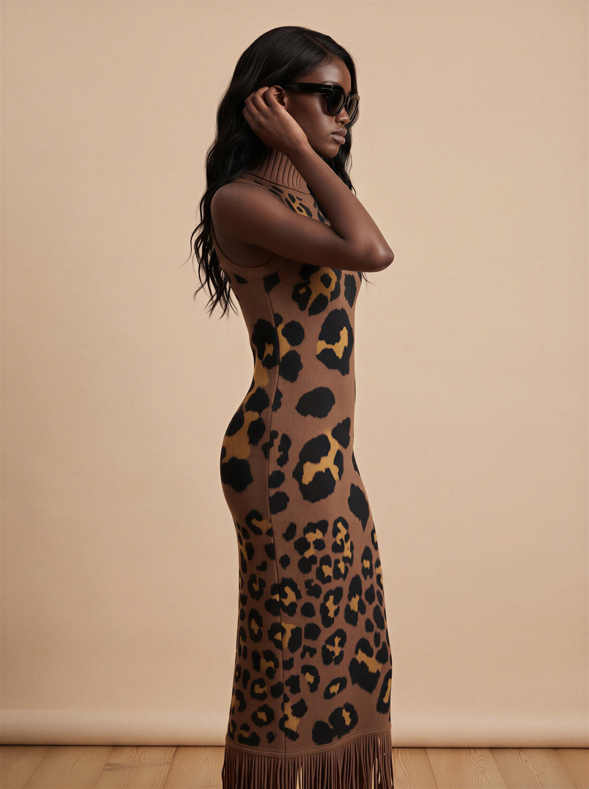 Dark Choc Leopard High Neck Knitted Dress