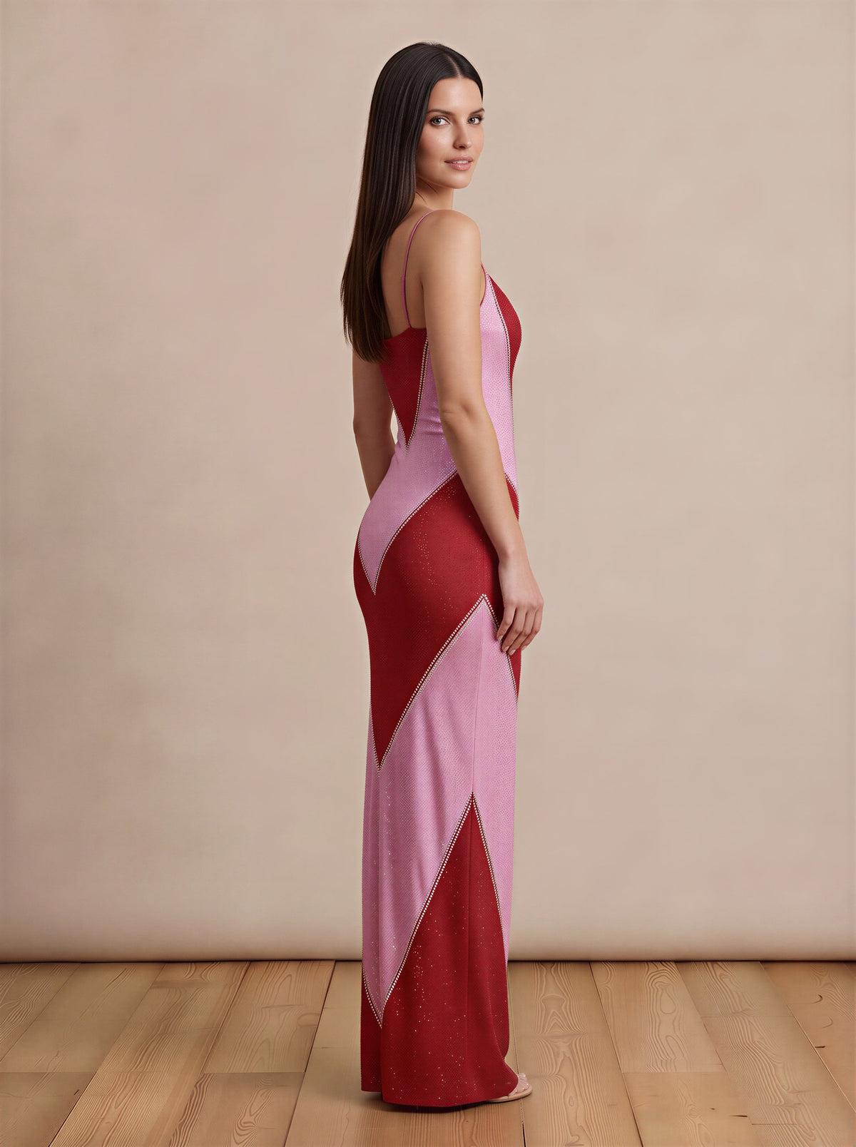 Red & Pink Shimmering Rhinestone Oasis Maxi Bodycon Dress