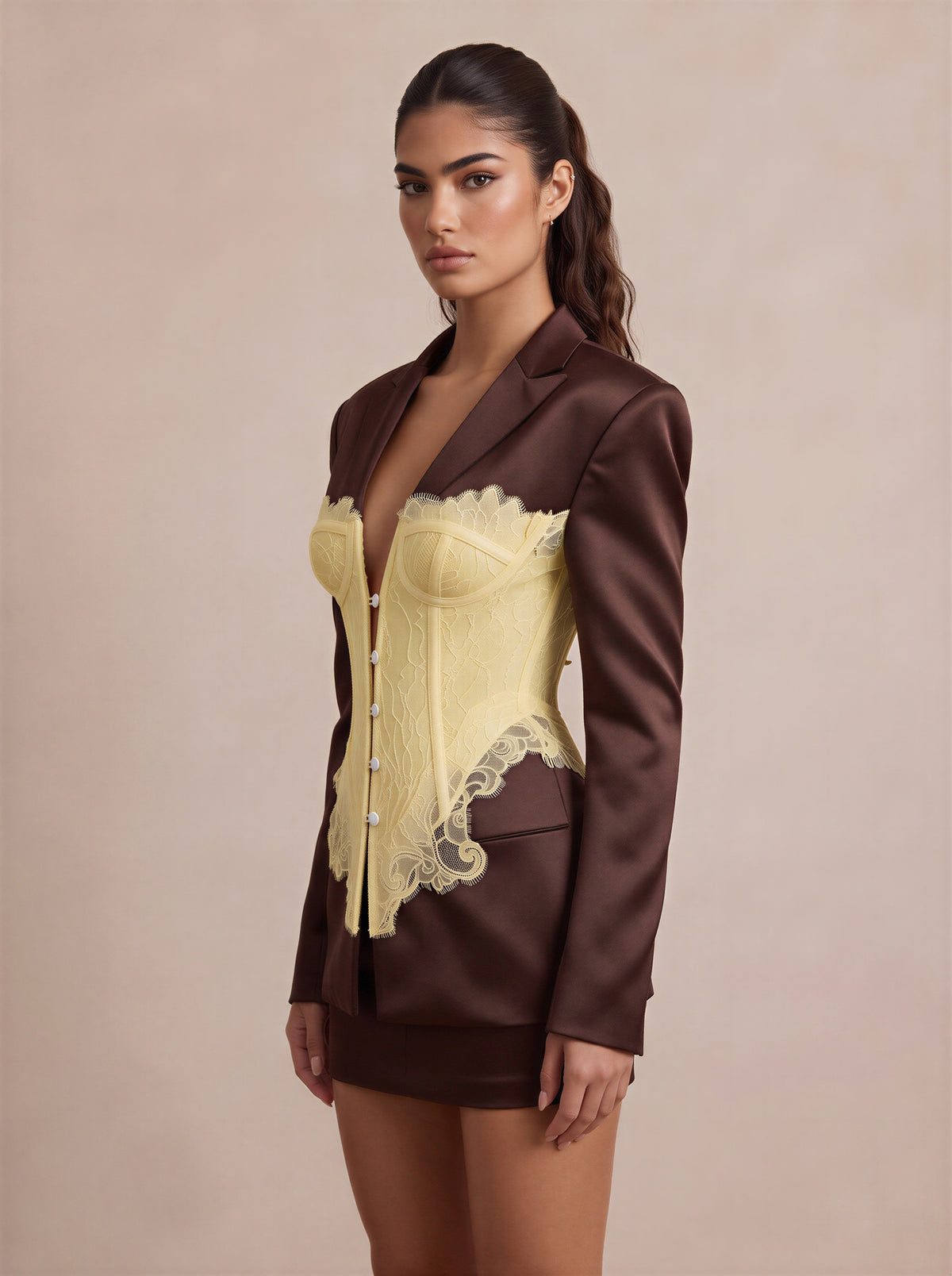 The Valentina Satin Noir Corset Blazer & Satin Mini Skirt