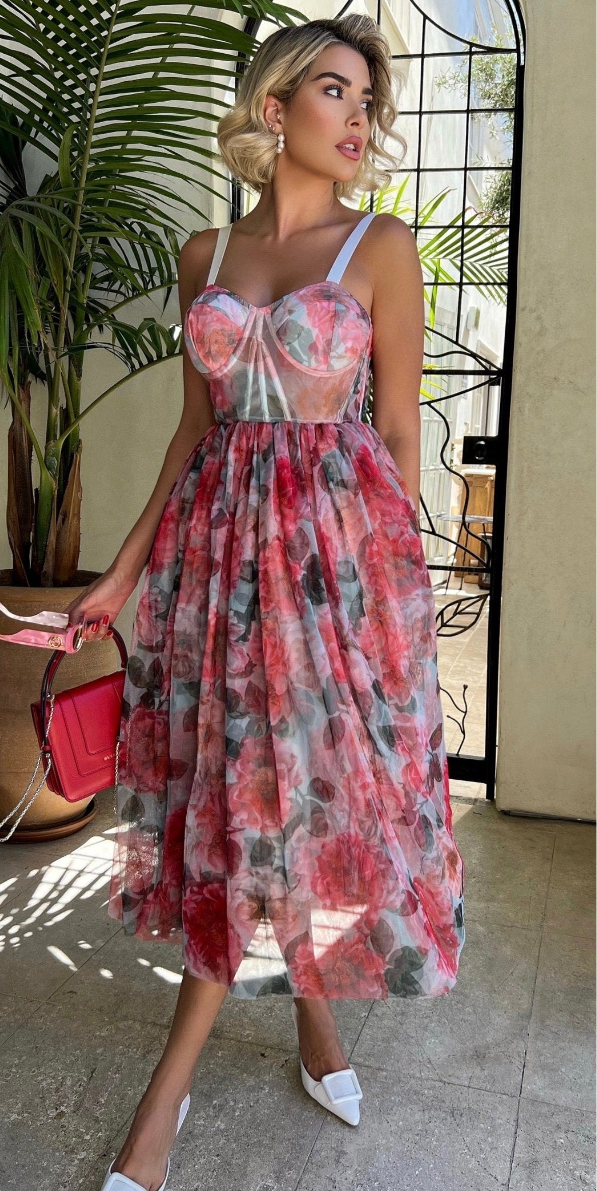 Faded Floral Bustier Midi Dress
