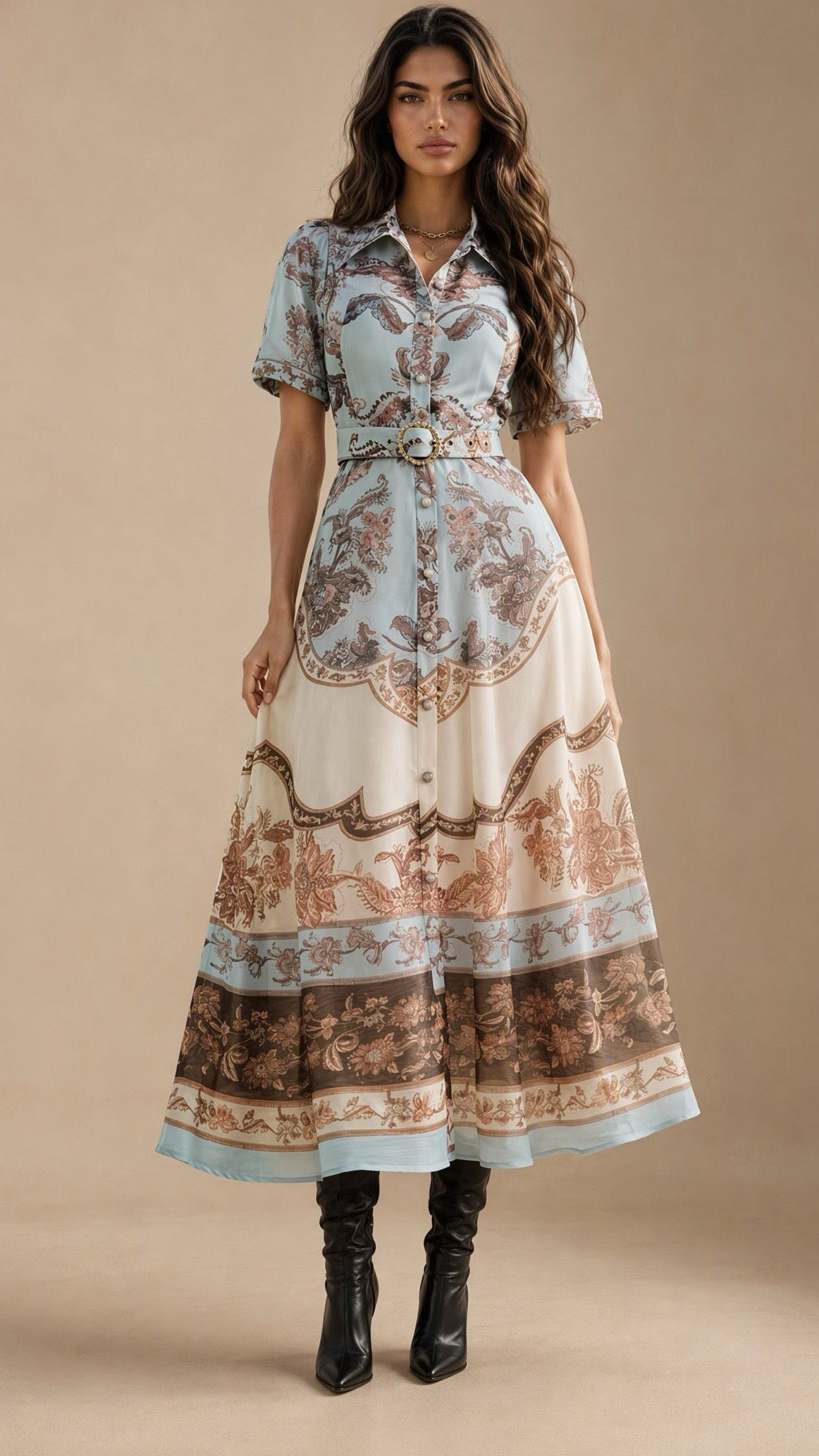 Vintage Floral Belted Midi Shirt Dress