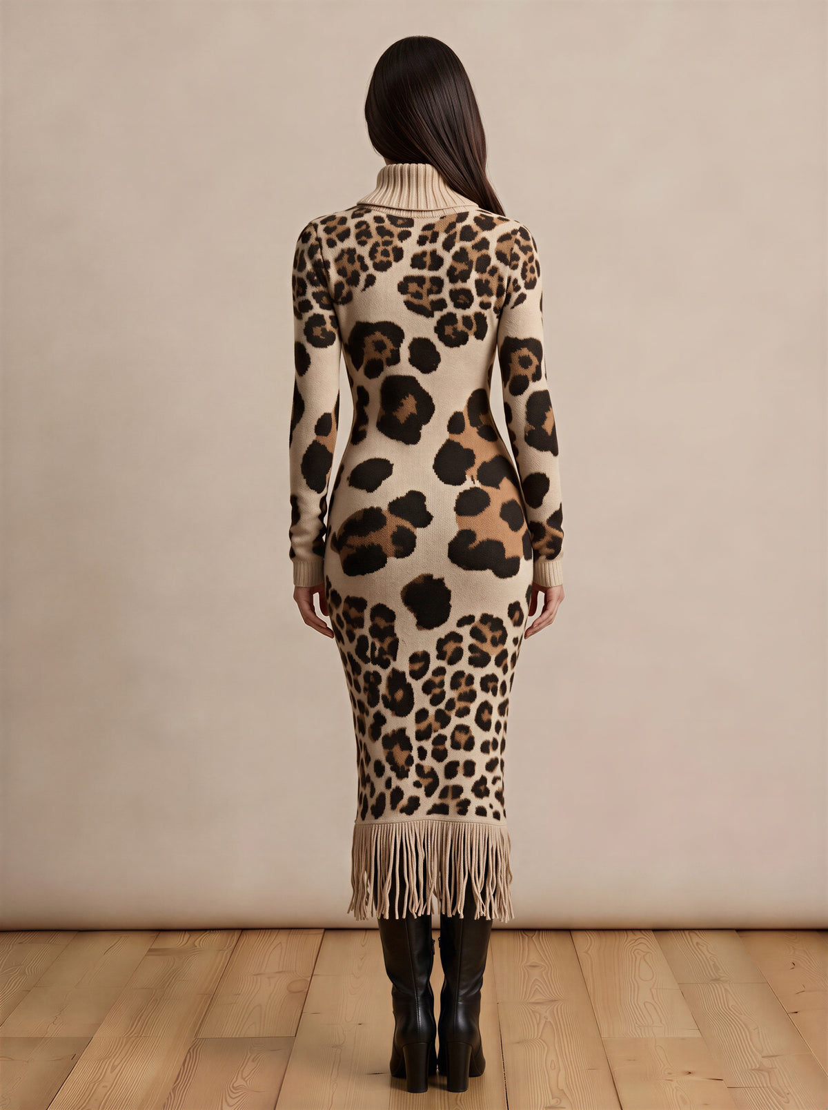 Leopard High Neck With Sleeved Knitted Dress