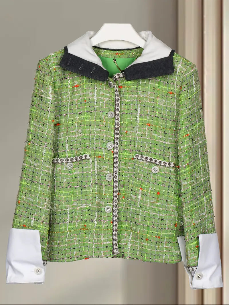 Green Plaid Tweed Jacket with Detachable Hood Coat & Diamontee Buttons