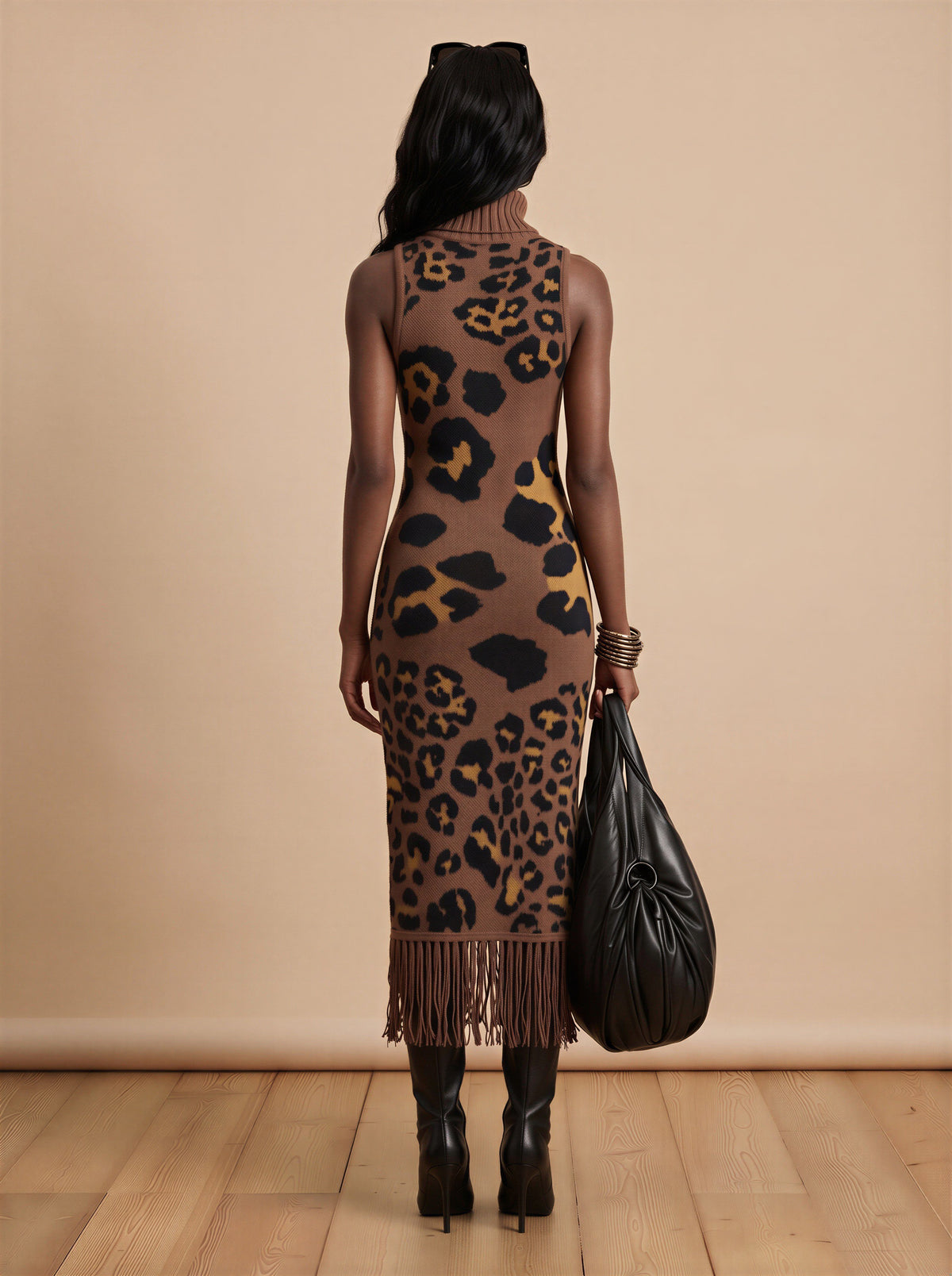 Dark Choc Leopard High Neck Knitted Dress