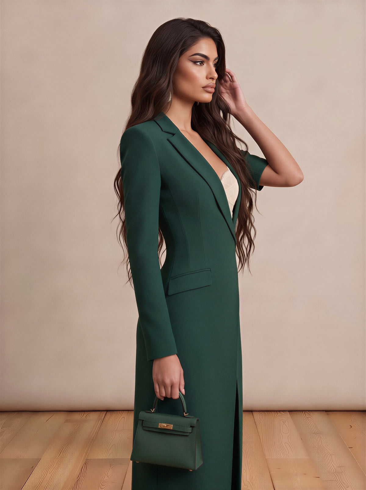 Green & Cream Tailored Temptation Maxi Dress with Lace Inserts and Slit