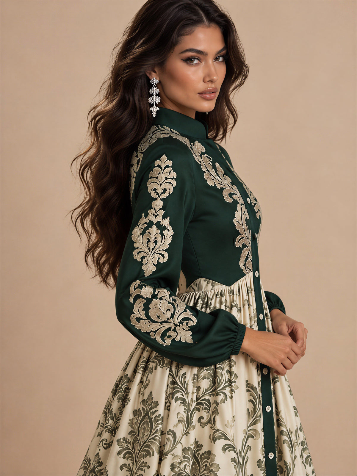 Evergreen Baroque Button-Front Maxi Dress