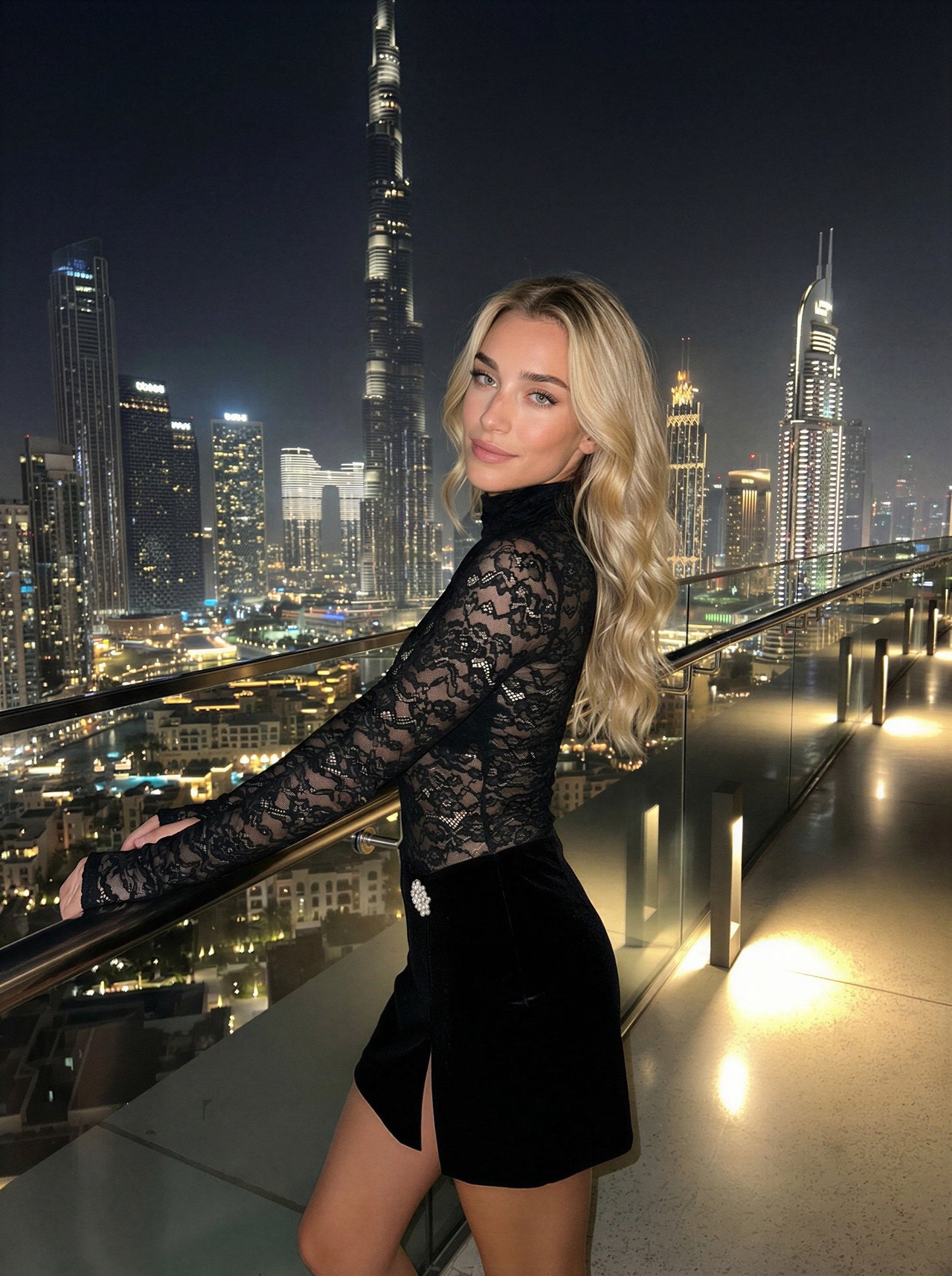 Chic Black Lace Bodysuit and Velvet Mini Skirt