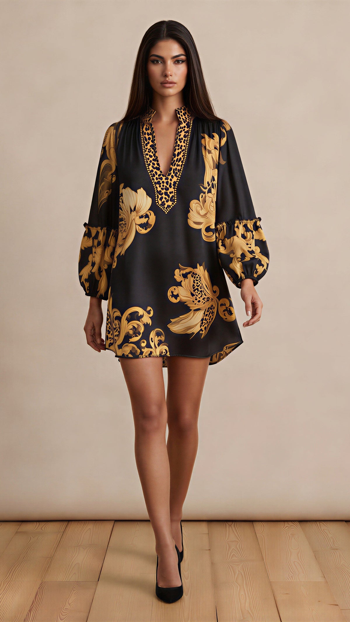 Black & Gold V Neck Mini Dress