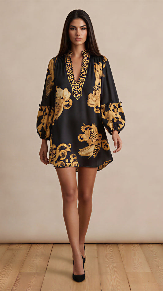 Black & Gold V Neck Mini Dress