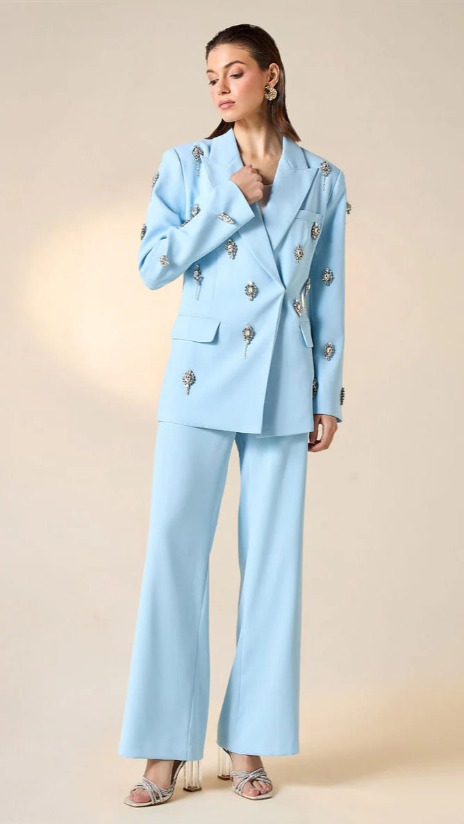 Diamonds Feather Lapel Flare Trousers Suit - Comes in Blue or Pink