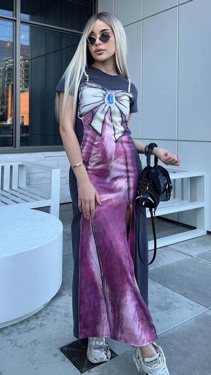 Pearls & Bow Distressed Print Maxi T-Shirt Dress