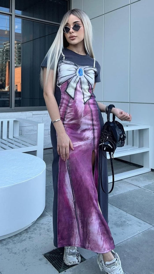 Pearls & Bow Distressed Print Maxi T-Shirt Dress