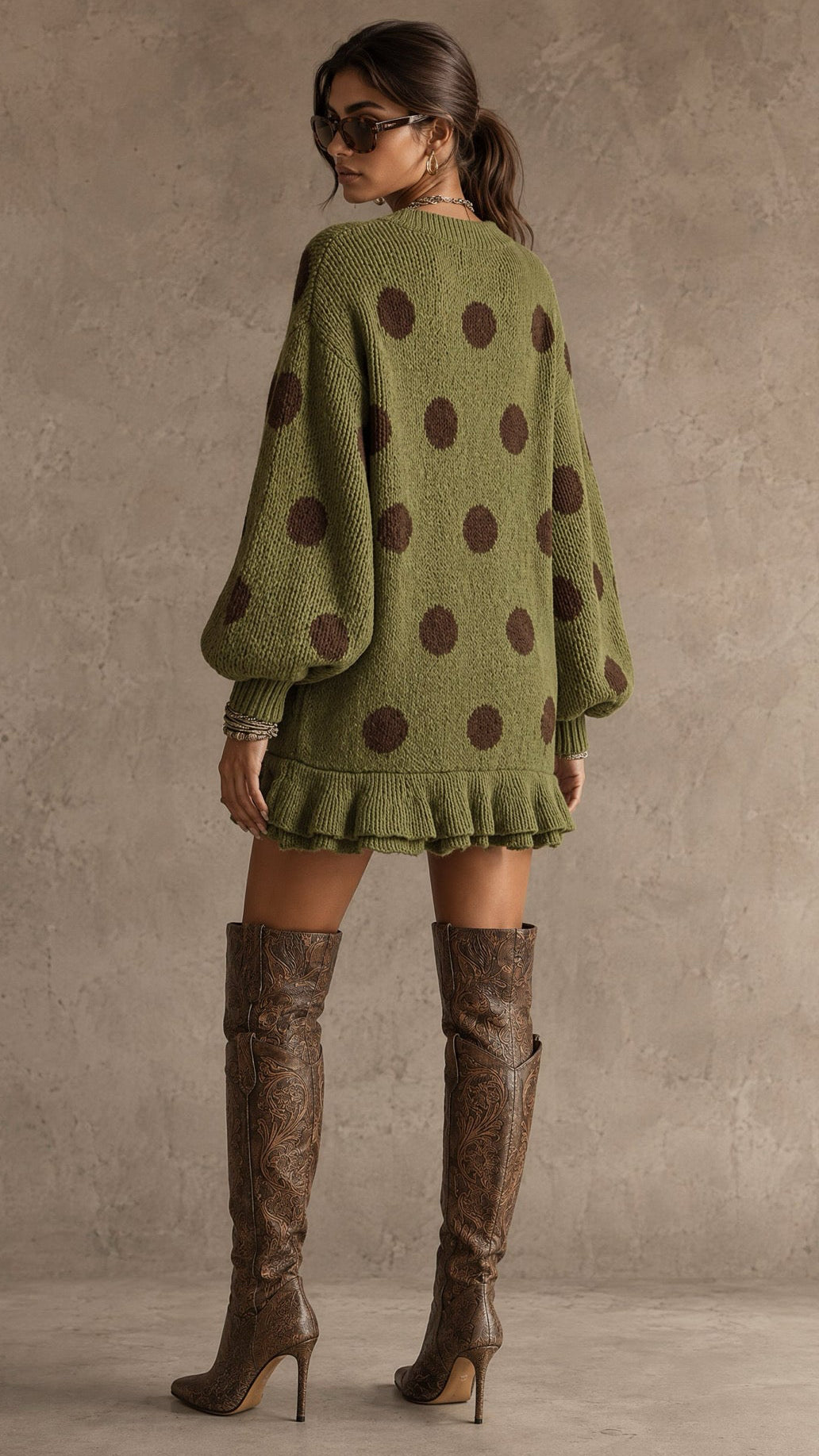 The Olive Dot Ruffle Knit Sweater Dress