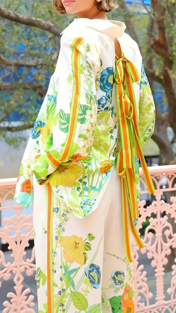 Chic Floral Floral Print Shirt & Wide-Leg Pants Two Piece Set
