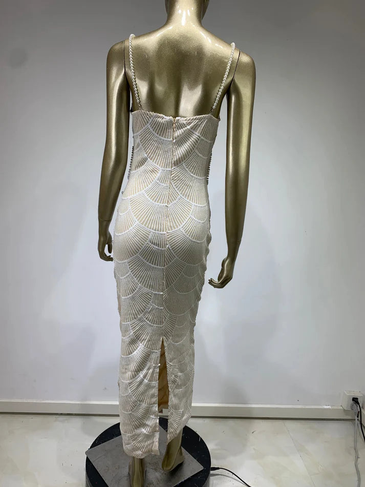 White Pearl Beaded Maxi Dress