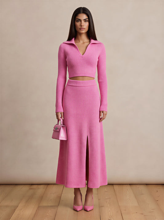 Pink Bubblegum Cropped Top with Slit Maxi Skirt