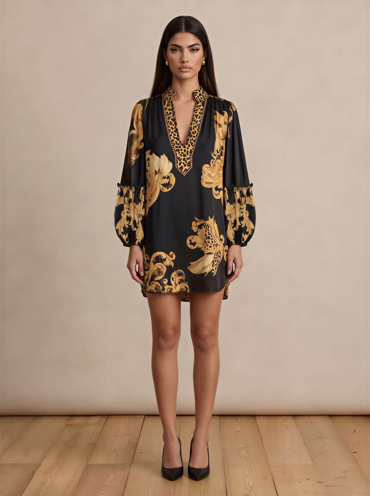 Black & Gold V Neck Mini Dress