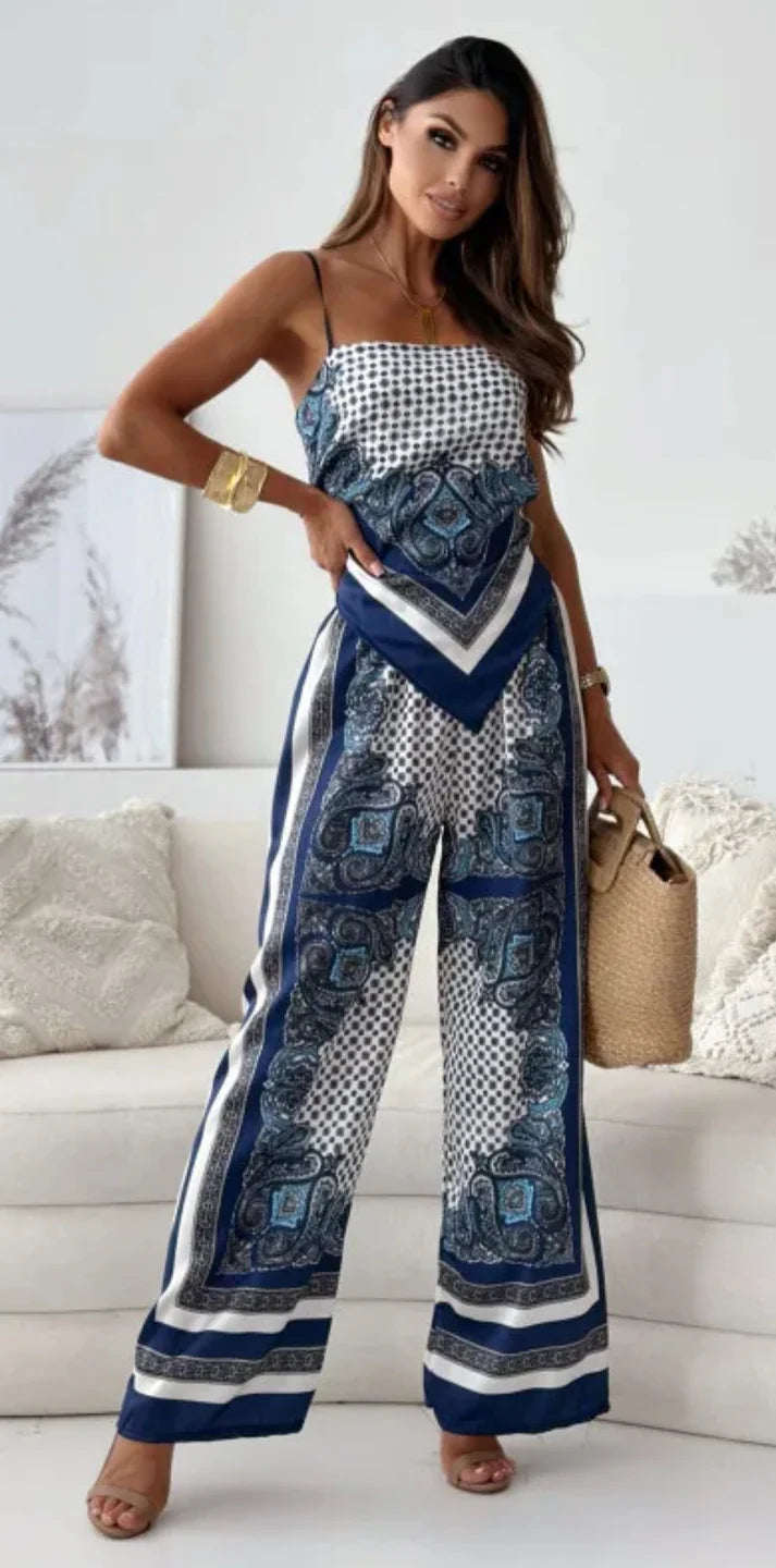 Satin Print Two Piece Set - comes in Blue, Green and Grey
