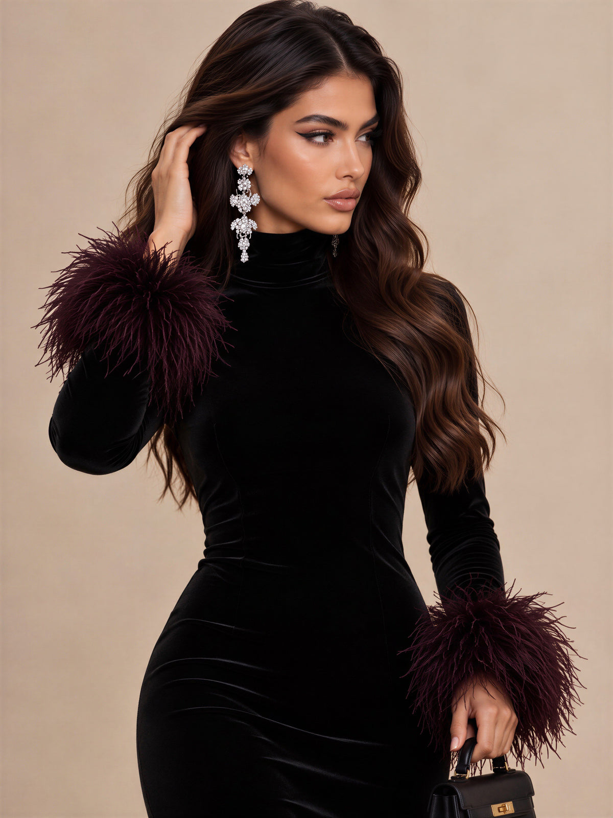 The Nocturne Feather-Cuff Velvet Midi Dress