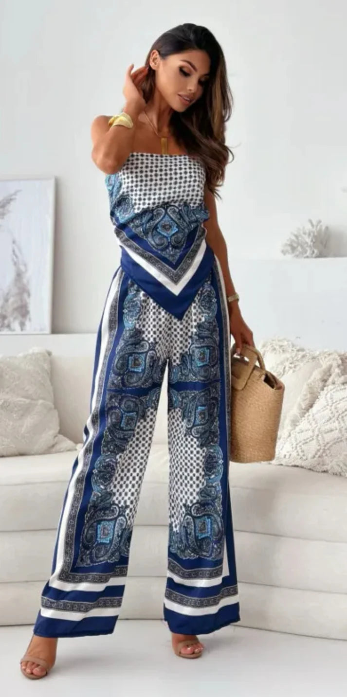 Satin Print Two Piece Set - comes in Blue, Green and Grey