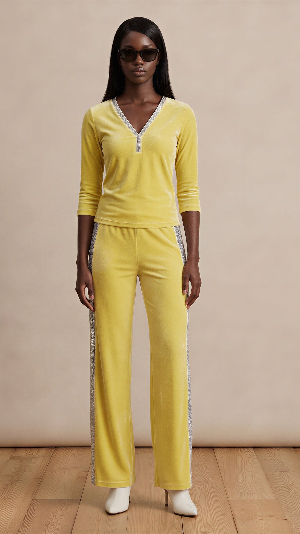 Yellow Velvet Top & Wide Leg Drawstring Waist Pants