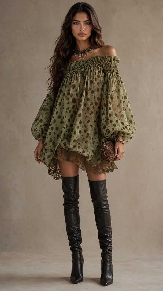 Olive Serenade Off-Shoulder Chiffon Mini Dress