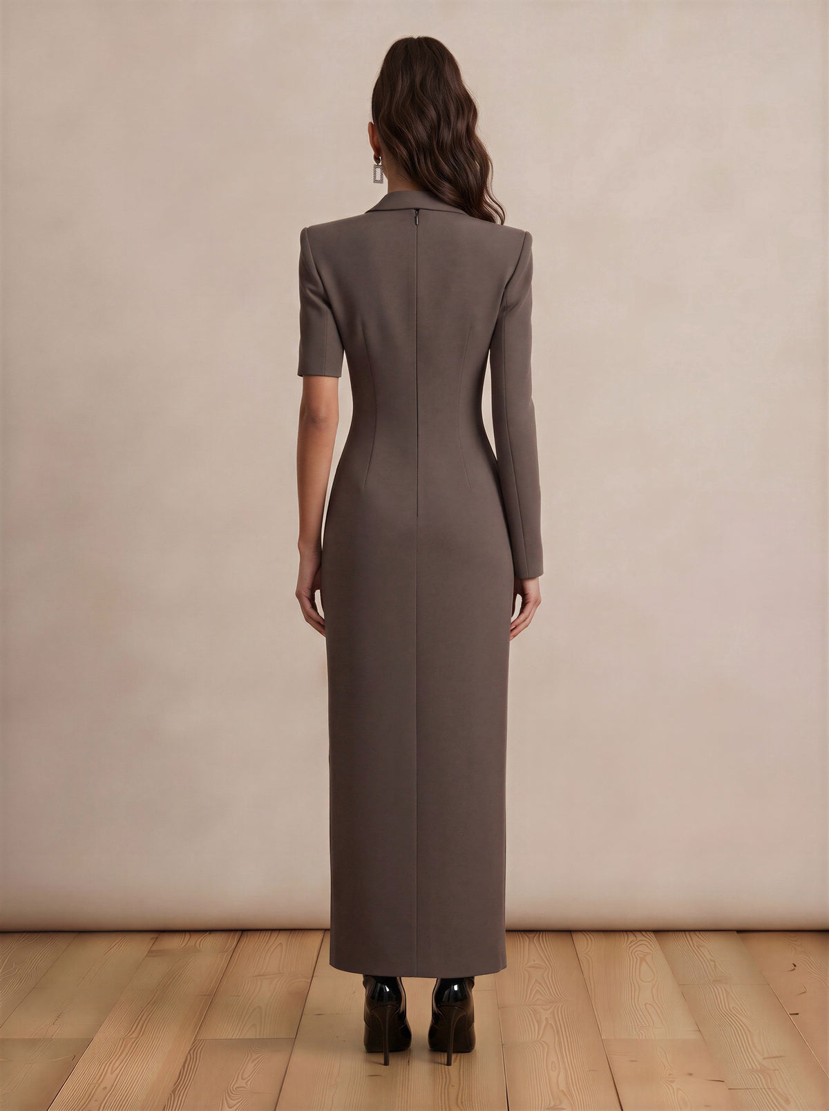 Tailored Temptation Maxi Dress with Lace Inserts and Slit