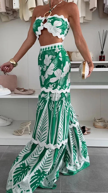 Tropical Green Lace-up Crop Top & Long Pant Set
