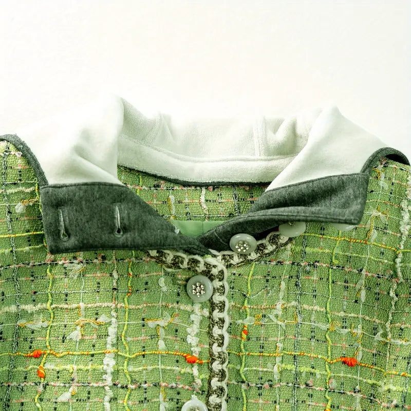 Green Plaid Tweed Jacket with Detachable Hood Coat & Diamontee Buttons