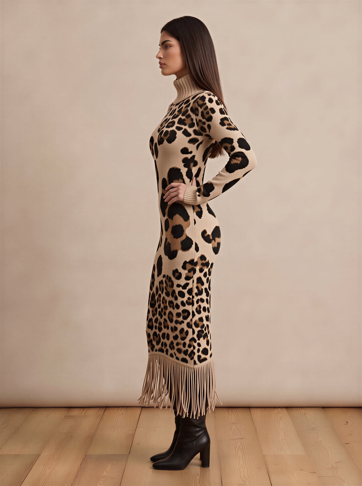 Leopard High Neck With Sleeved Knitted Dress