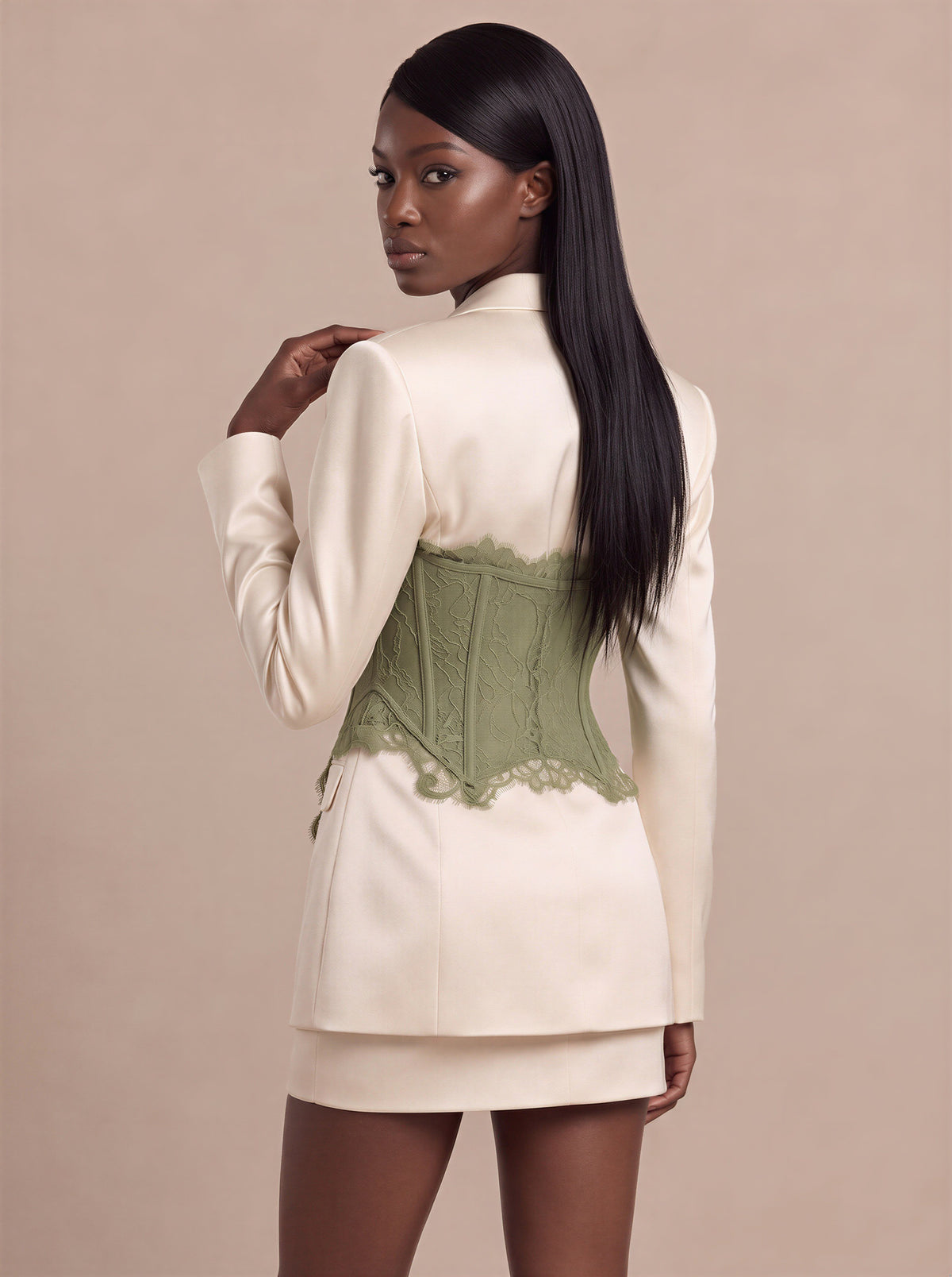The Valentina Satin Eggshell &  Basil Lace Corset Blazer & Satin Mini Skirt