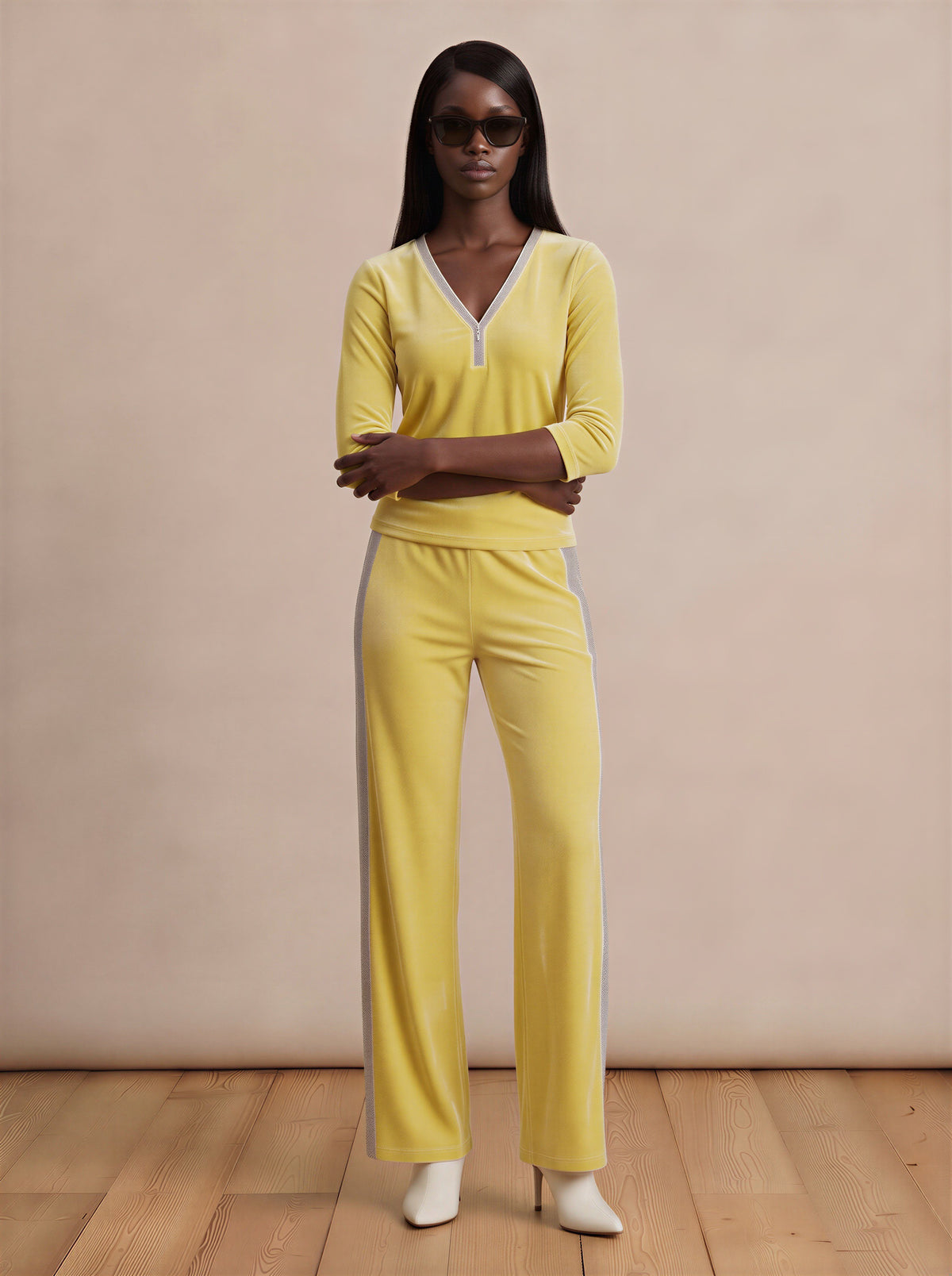 Yellow Velvet Top & Wide Leg Drawstring Waist Pants