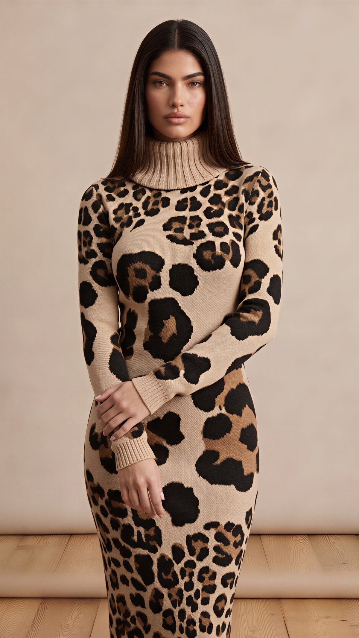 Leopard High Neck With Sleeved Knitted Dress