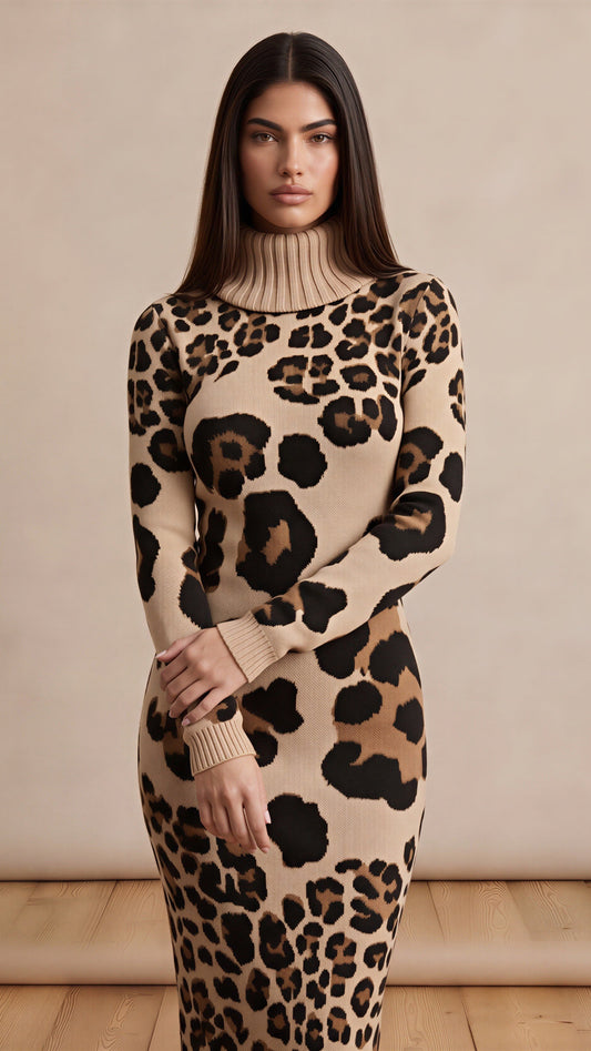 Leopard High Neck With Sleeved Knitted Dress