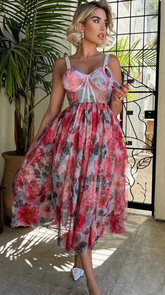 Faded Floral Bustier Midi Dress
