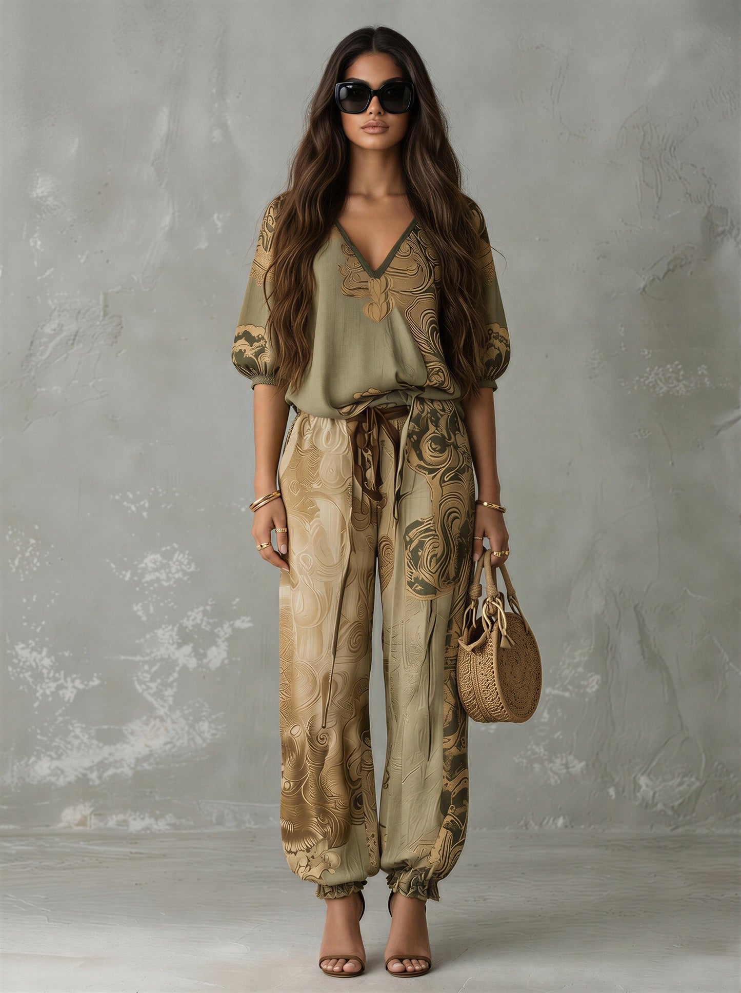Chic Floral Green Shirt & Elasticated Waist Trousers