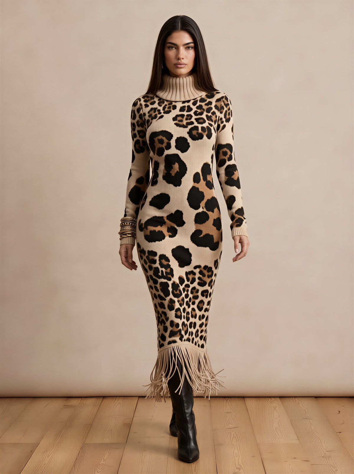Leopard High Neck With Sleeved Knitted Dress