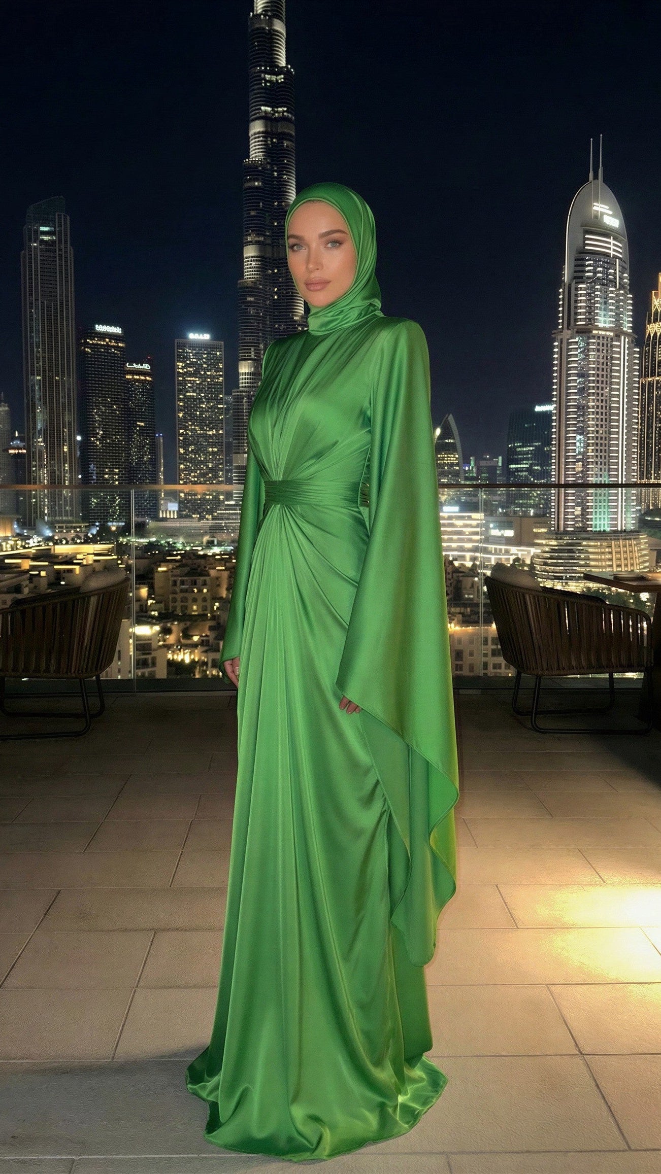 Green Goddess Maxi Dress with Head Scarf