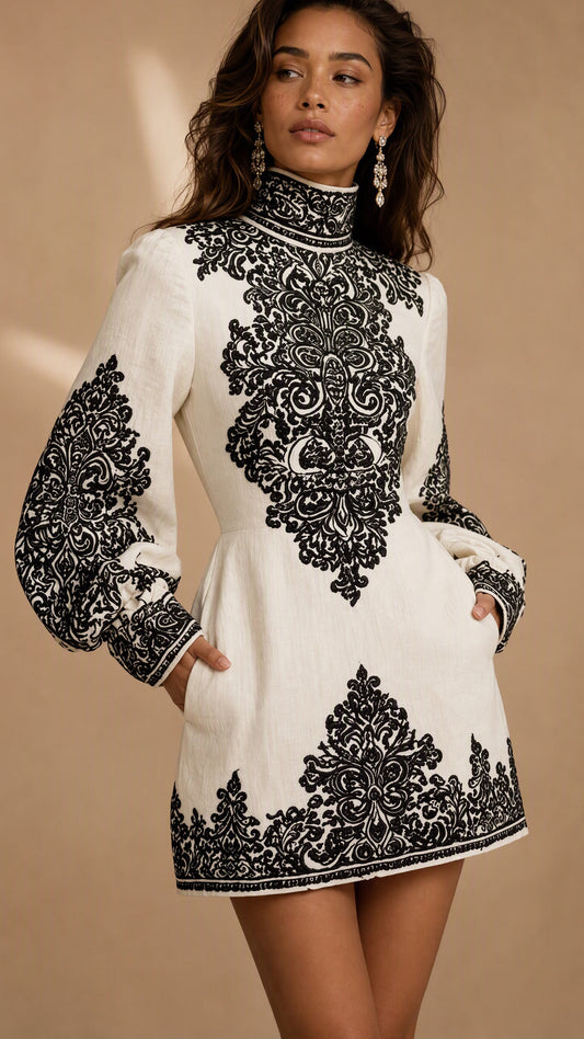 Baroque Embroidered Mini Dress
