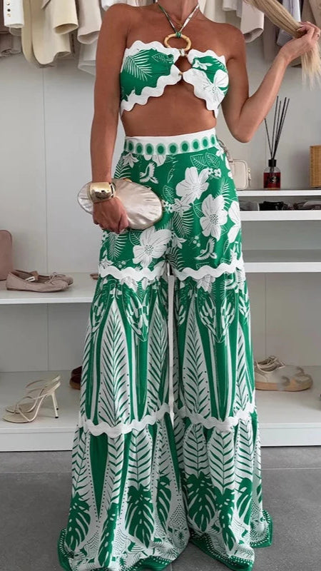 Tropical Green Lace-up Crop Top & Long Pant Set