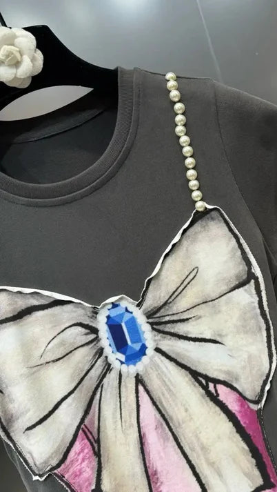 Pearls & Bow Distressed Print Maxi T-Shirt Dress