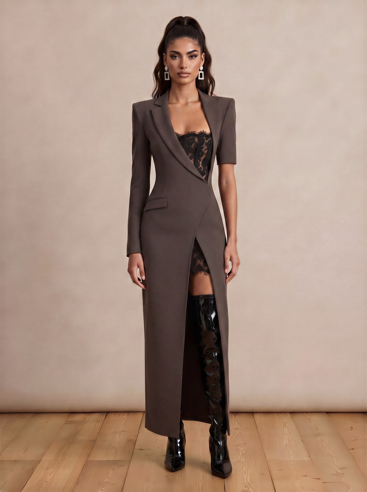 Tailored Temptation Maxi Dress with Lace Inserts and Slit