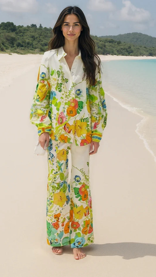Chic Floral Floral Print Shirt & Wide-Leg Pants Two Piece Set