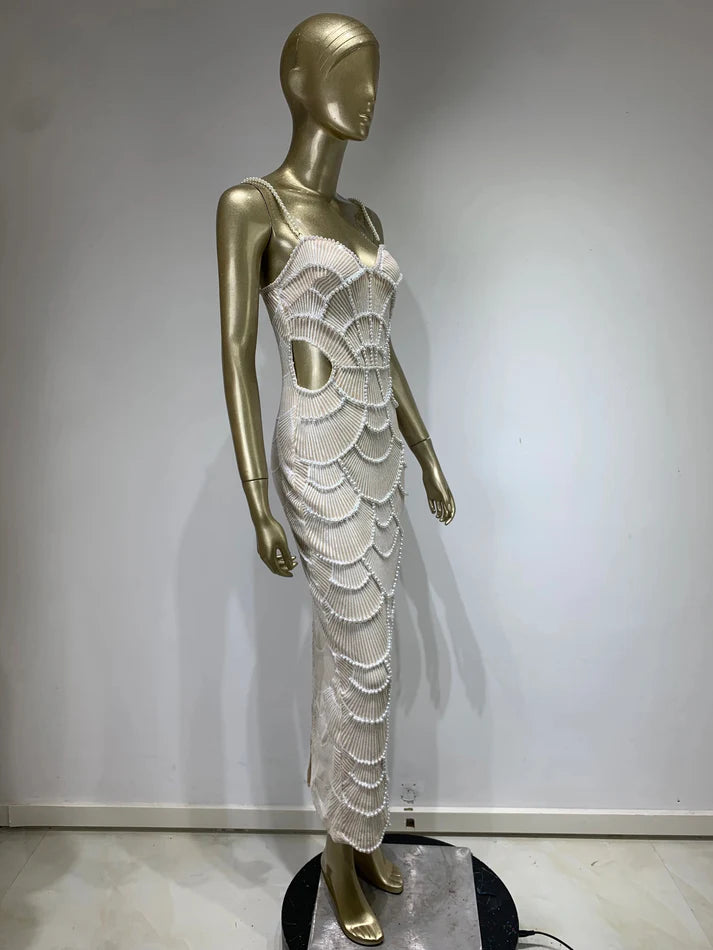 White Pearl Beaded Maxi Dress