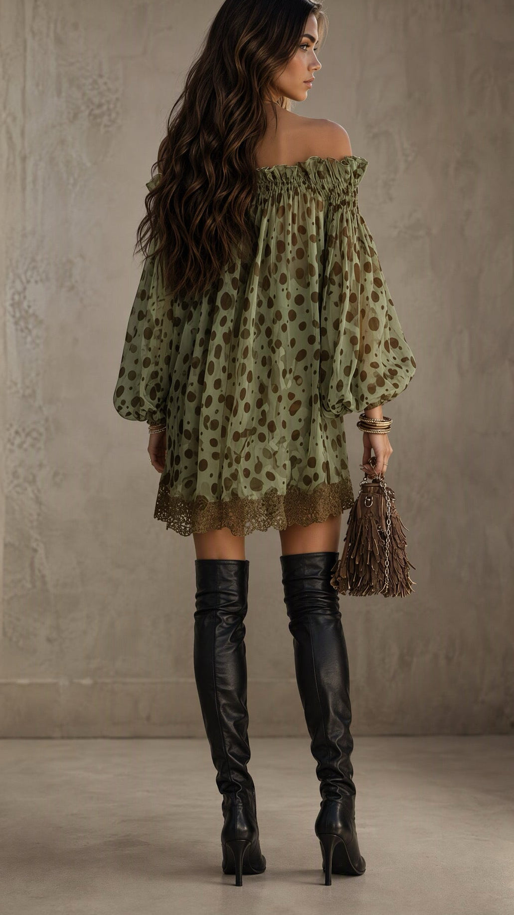 Olive Serenade Off-Shoulder Chiffon Mini Dress