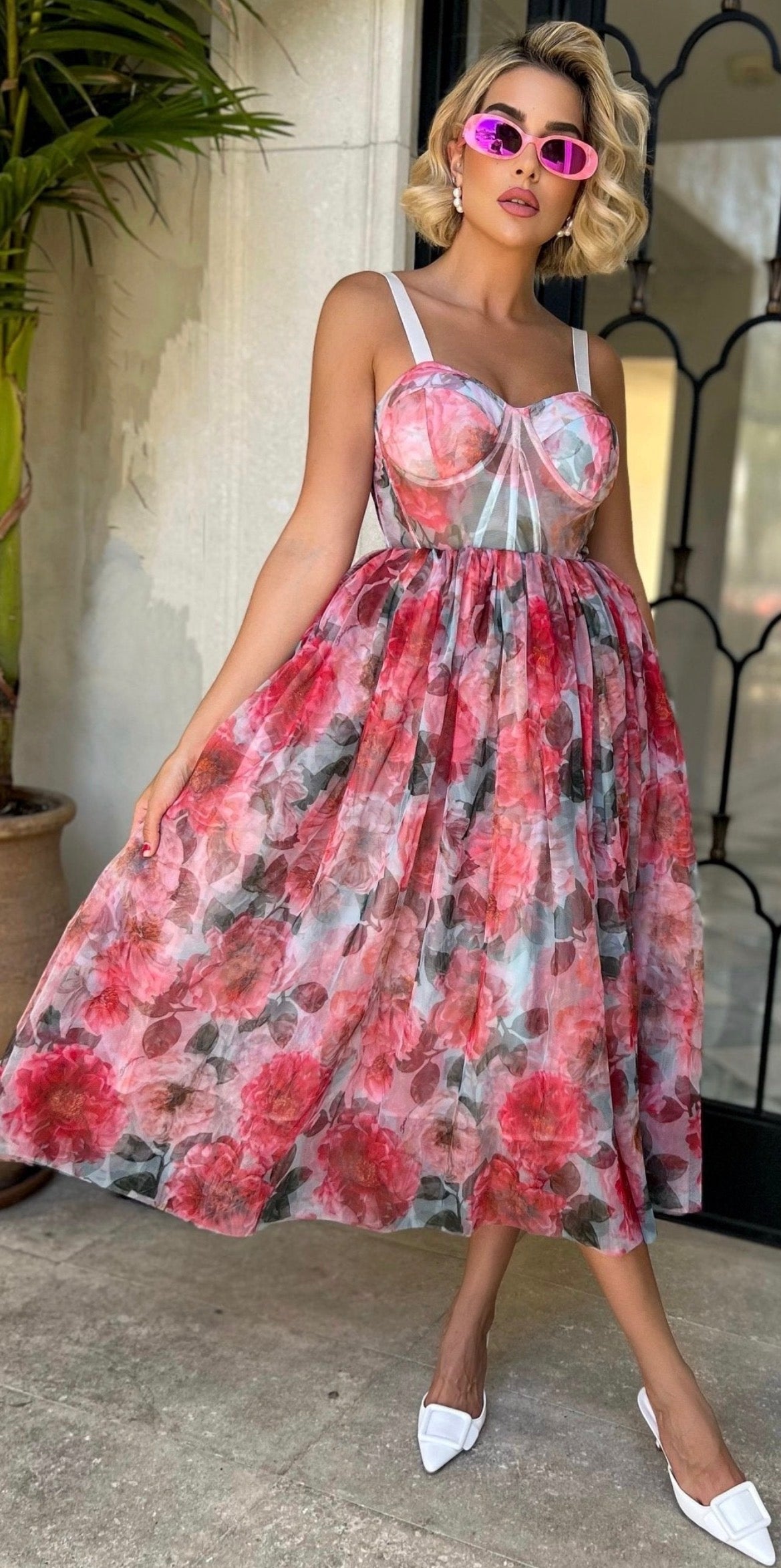 Faded Floral Bustier Midi Dress