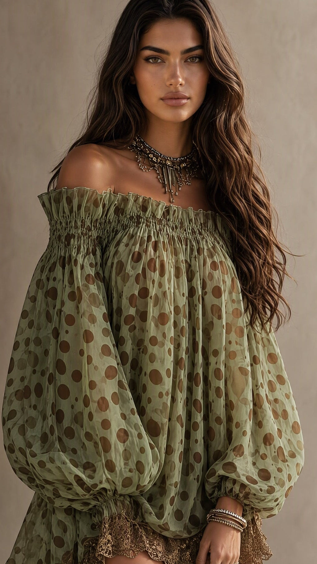 Olive Serenade Off-Shoulder Chiffon Mini Dress