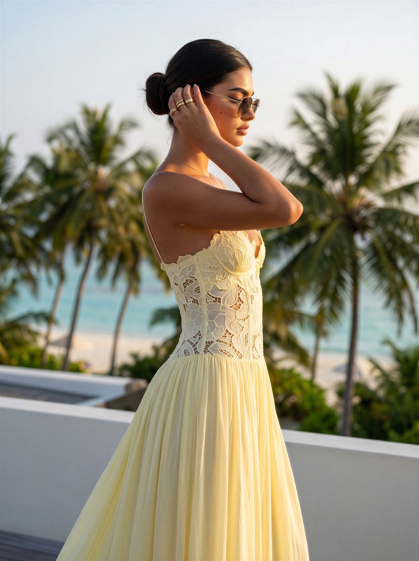 Golden Hour Bliss: Romantic Yellow Lace and Chiffon Floor Length Dress