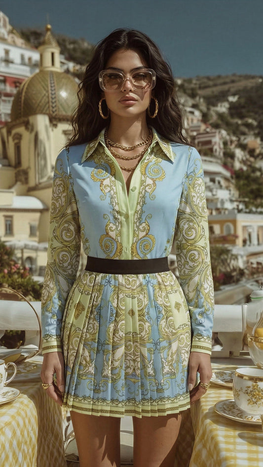 Lets Spiral Shirt & Mini Skirt  Set avaiable In Blue or Pink